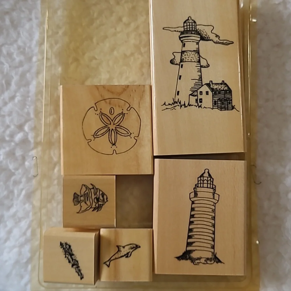 20 Wooden Stamps Lighthouse Seashells Fruit Flowers Bloom Where You're Planted
